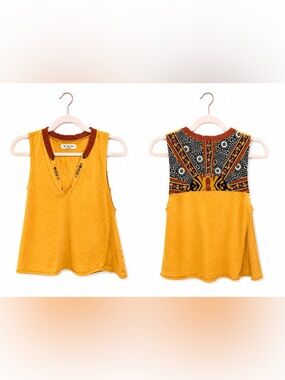 Free People We The Free Mustard Tank Top L (Fits XS–M) Boho Back Detail